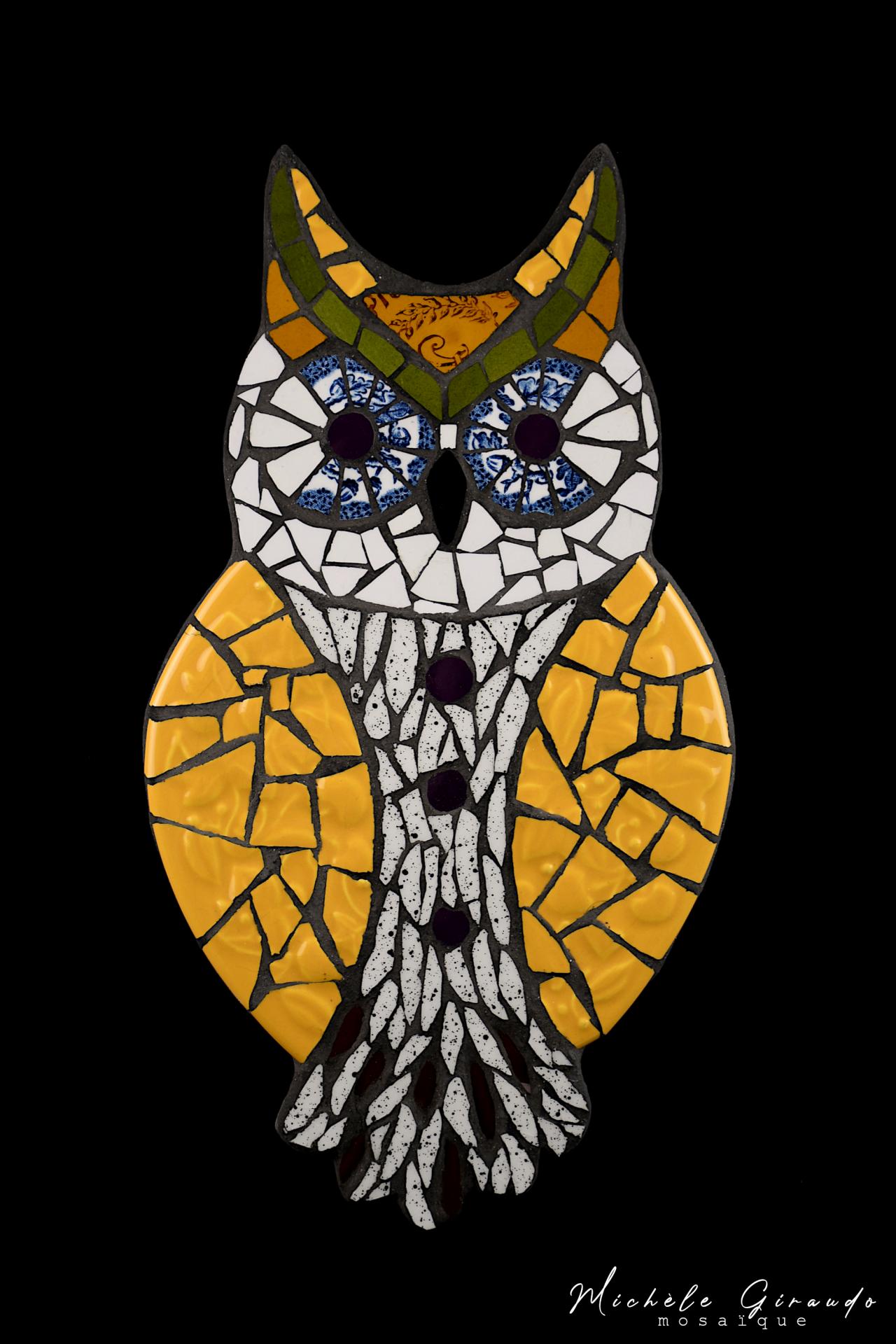 Hibou en mosaique de vaisselle par michele giraudo 2